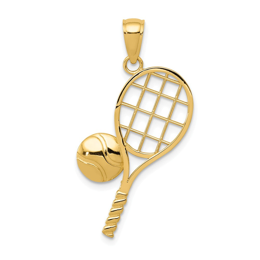 14k Yellow Gold Diamond Cut Tennis Racquet and Ball Pendant, Item P11376 by The Black Bow Jewelry Co.