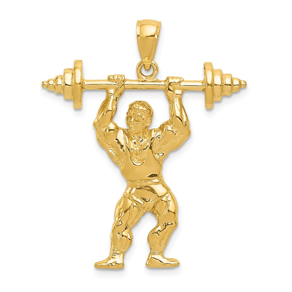 14k Yellow Gold Bodybuilder with Barbell Pendant, Item P11433 by The Black Bow Jewelry Co.