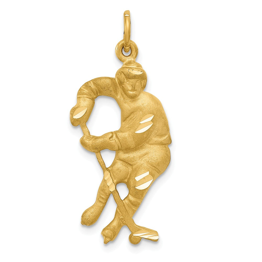 14k Yellow Gold Satin and Diamond Cut Hockey Player Pendant, Item P11462 by The Black Bow Jewelry Co.