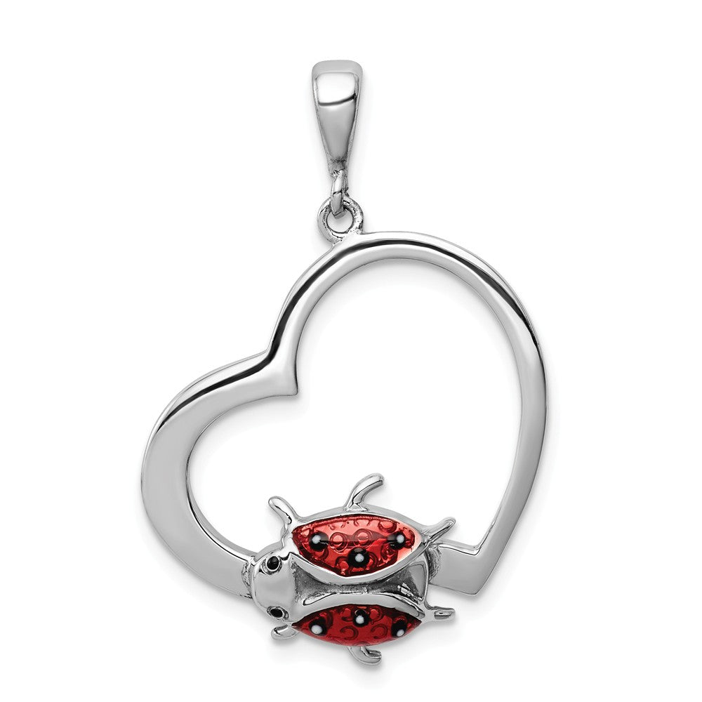 Sterling Silver and Enameled Open Heart Ladybug Pendant, 22mm, Item P11578 by The Black Bow Jewelry Co.