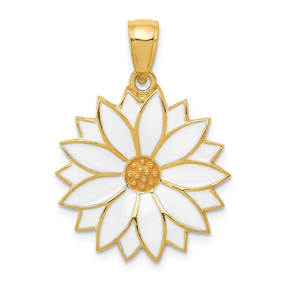 14k Yellow Gold 19mm White Enameled Daisy Blossom Pendant, Item P11585 by The Black Bow Jewelry Co.