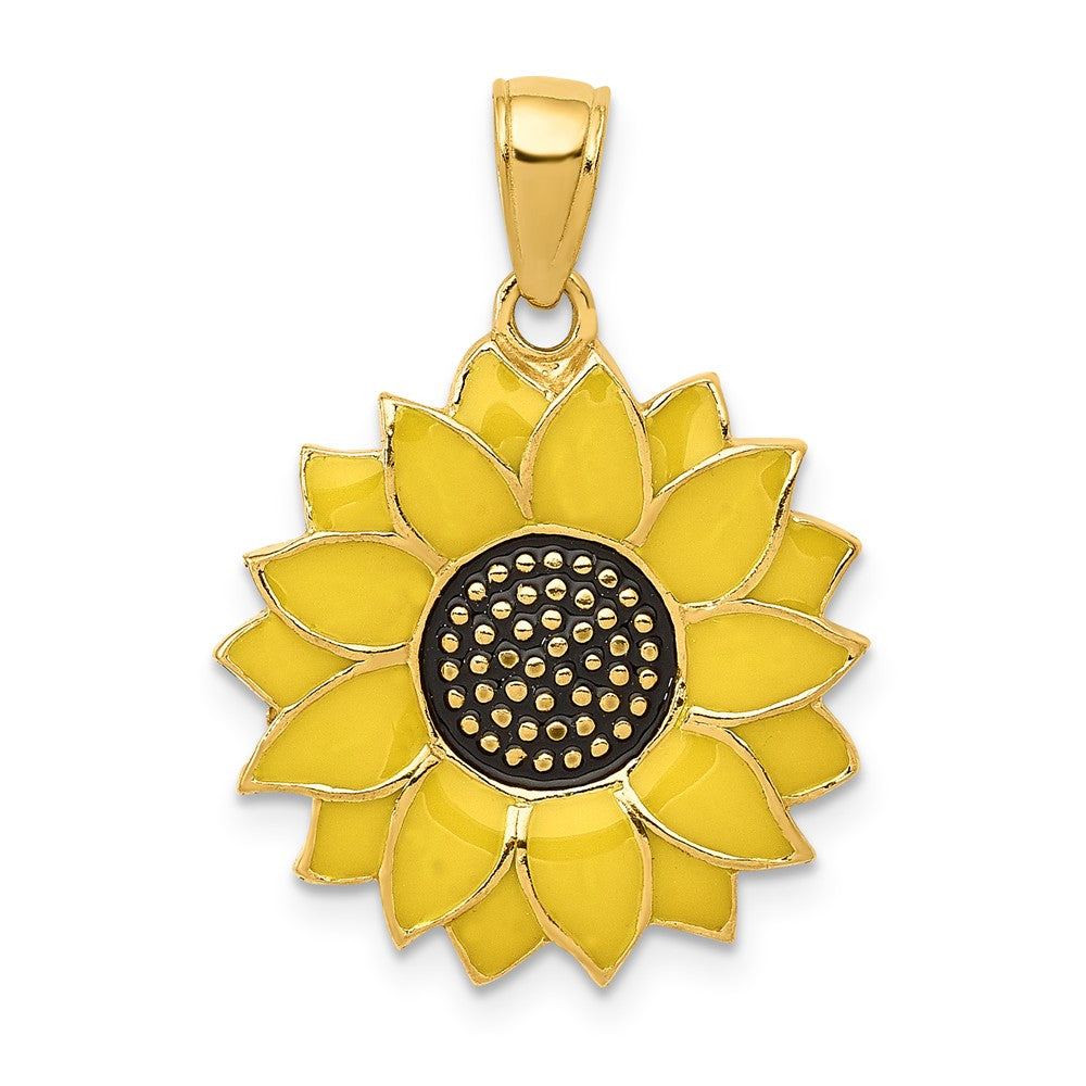 14k Yellow Gold 18mm Yellow Enameled Sunflower Pendant, Item P11586 by The Black Bow Jewelry Co.