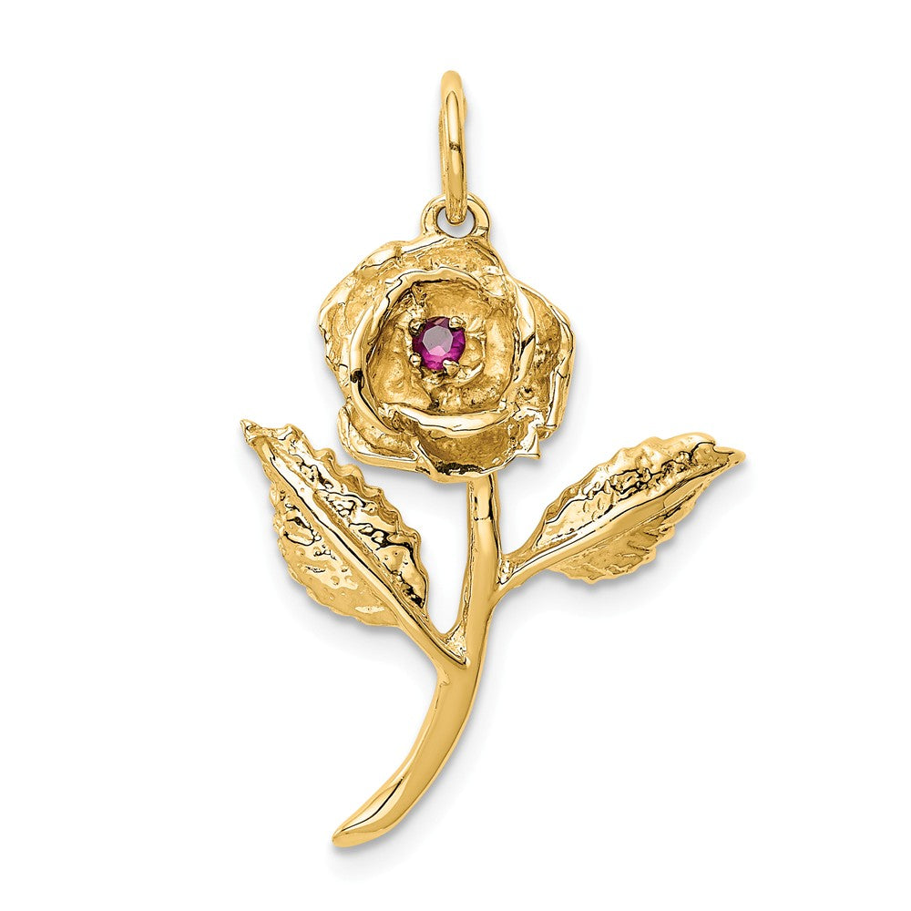 14k Yellow Gold Red Cubic Zirconia Accented 3D Rose Pendant, Item P11594 by The Black Bow Jewelry Co.