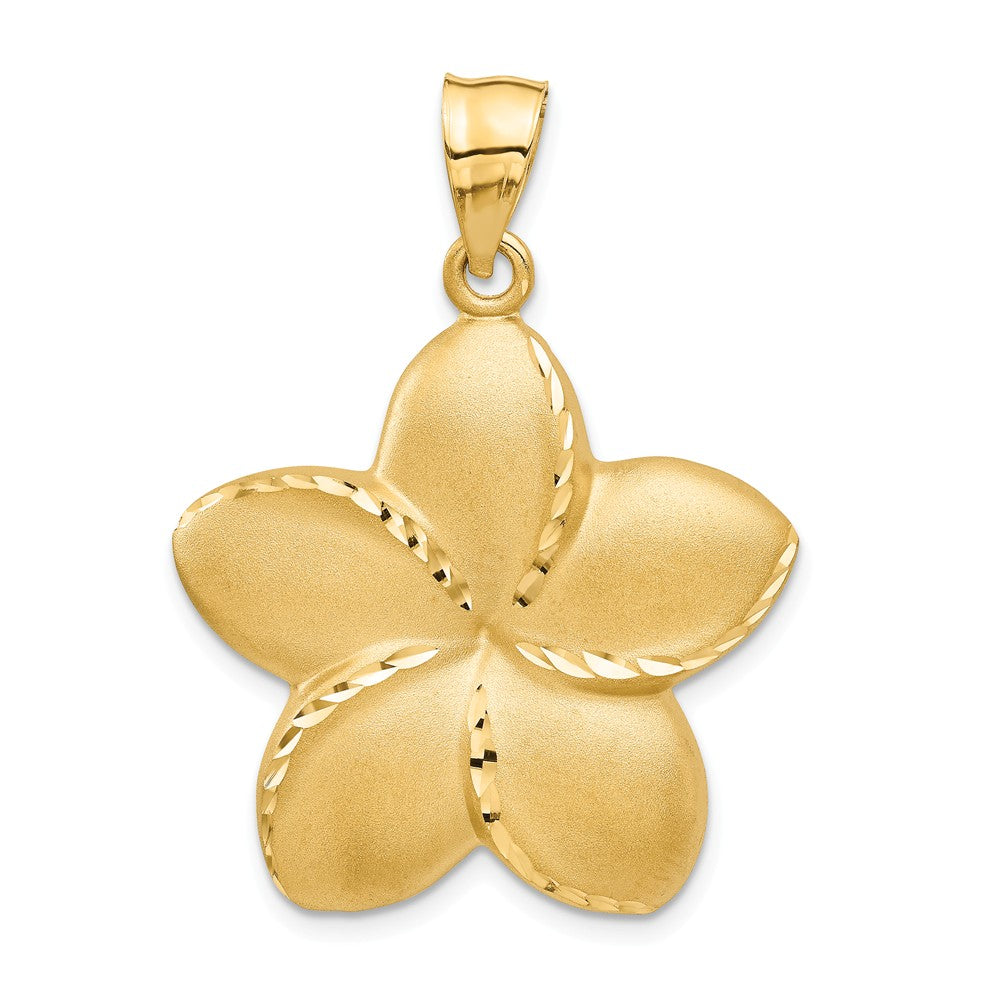 14k Yellow Gold 28mm Satin and Diamond Cut Plumeria Pendant, Item P11612 by The Black Bow Jewelry Co.