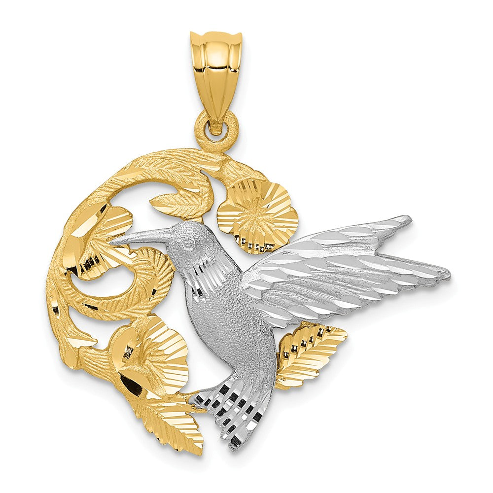14k Yellow and White Gold 28mm Hummingbird and Flower Pendant, Item P11634 by The Black Bow Jewelry Co.