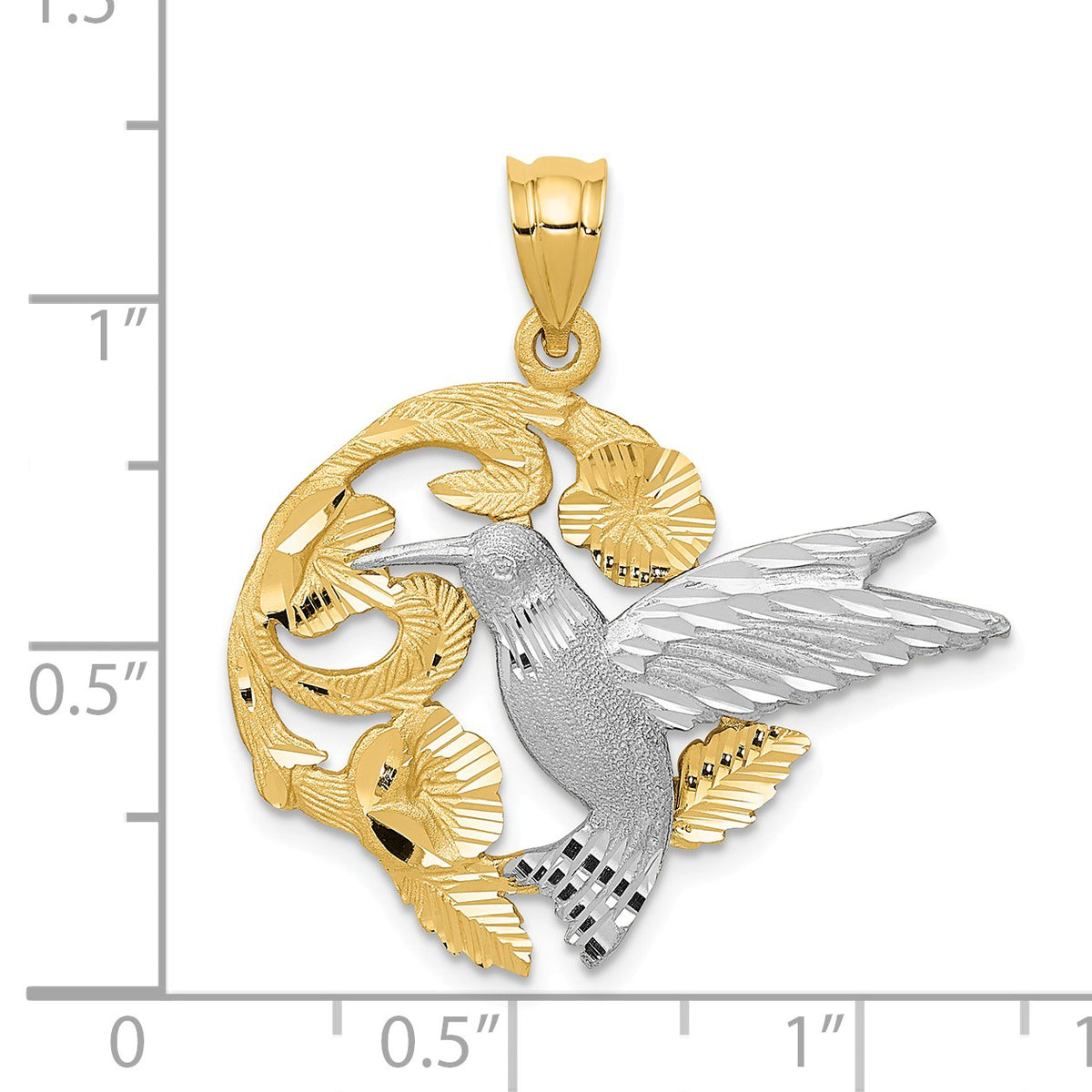 Alternate view of the 14k Yellow and White Gold 28mm Hummingbird and Flower Pendant by The Black Bow Jewelry Co.