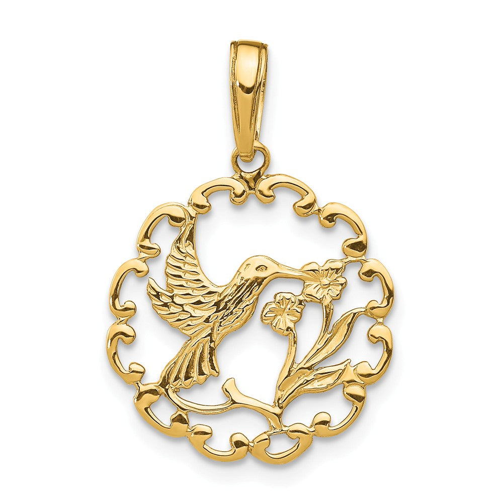14k Yellow Gold 17mm Framed Hummingbird and Flower Pendant, Item P11642 by The Black Bow Jewelry Co.