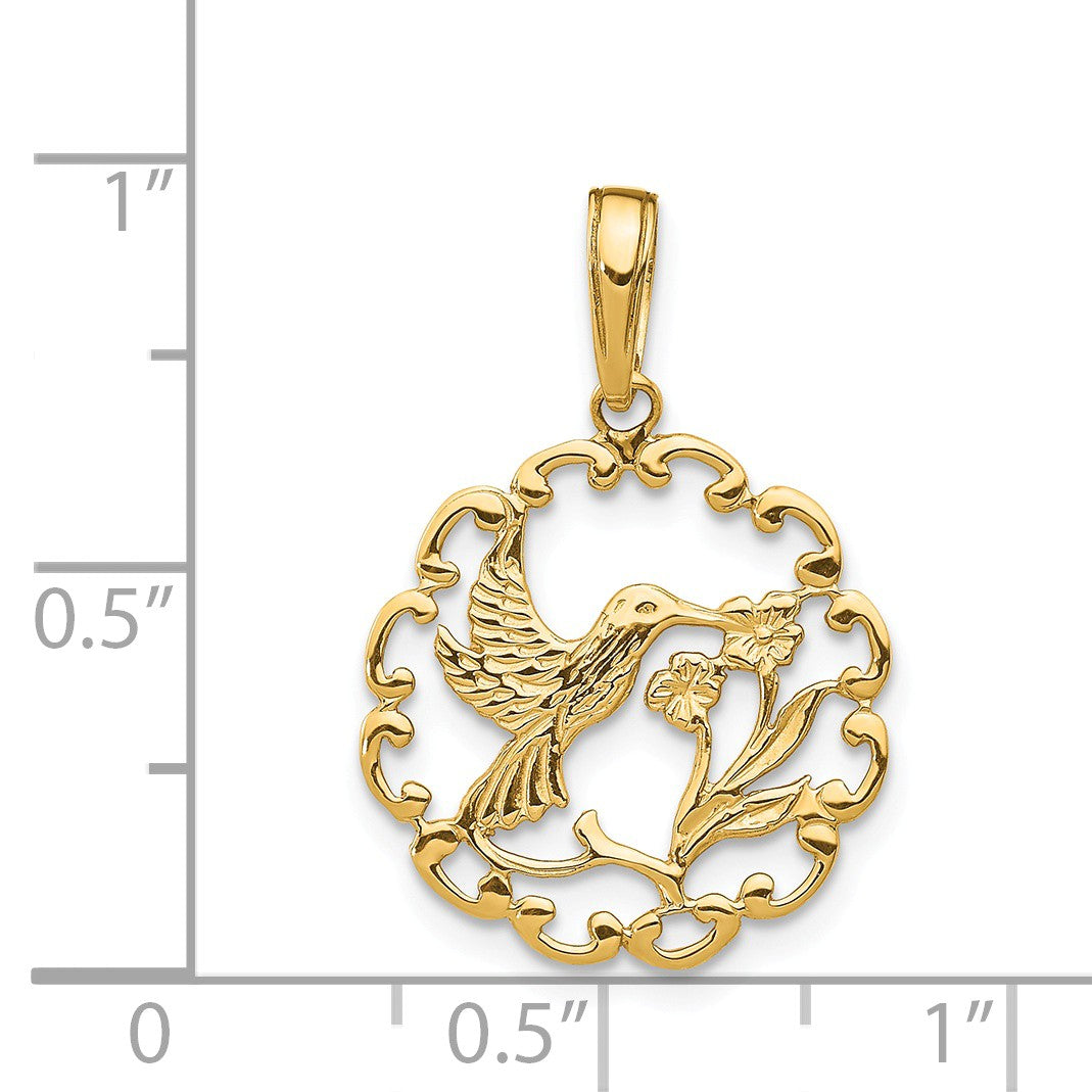 Alternate view of the 14k Yellow Gold 17mm Framed Hummingbird and Flower Pendant by The Black Bow Jewelry Co.