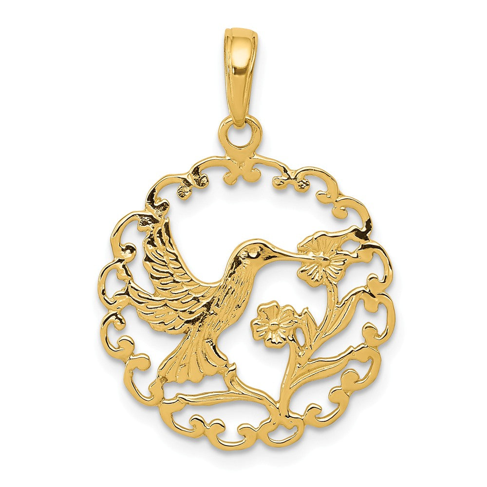 14k Yellow Gold 20mm Framed Hummingbird and Flower Pendant, Item P11643 by The Black Bow Jewelry Co.