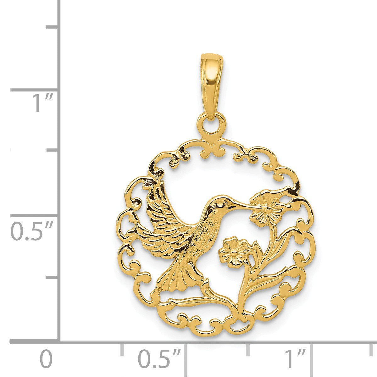 Alternate view of the 14k Yellow Gold 20mm Framed Hummingbird and Flower Pendant by The Black Bow Jewelry Co.