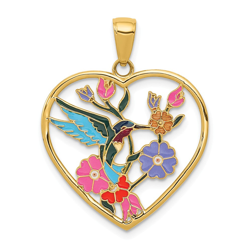 14k Yellow Gold 22mm Enameled Hummingbird Heart Pendant, Item P11645 by The Black Bow Jewelry Co.