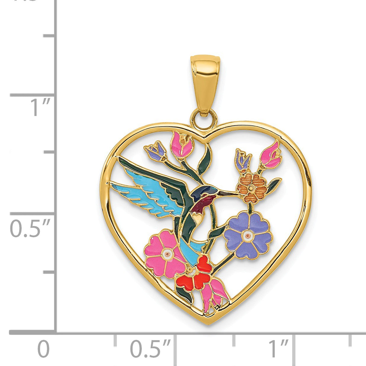 Alternate view of the 14k Yellow Gold 22mm Enameled Hummingbird Heart Pendant by The Black Bow Jewelry Co.