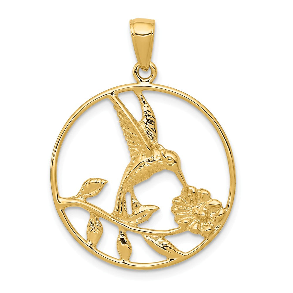 14k Yellow Gold 24mm Round Hummingbird and Flower Pendant, Item P11646 by The Black Bow Jewelry Co.