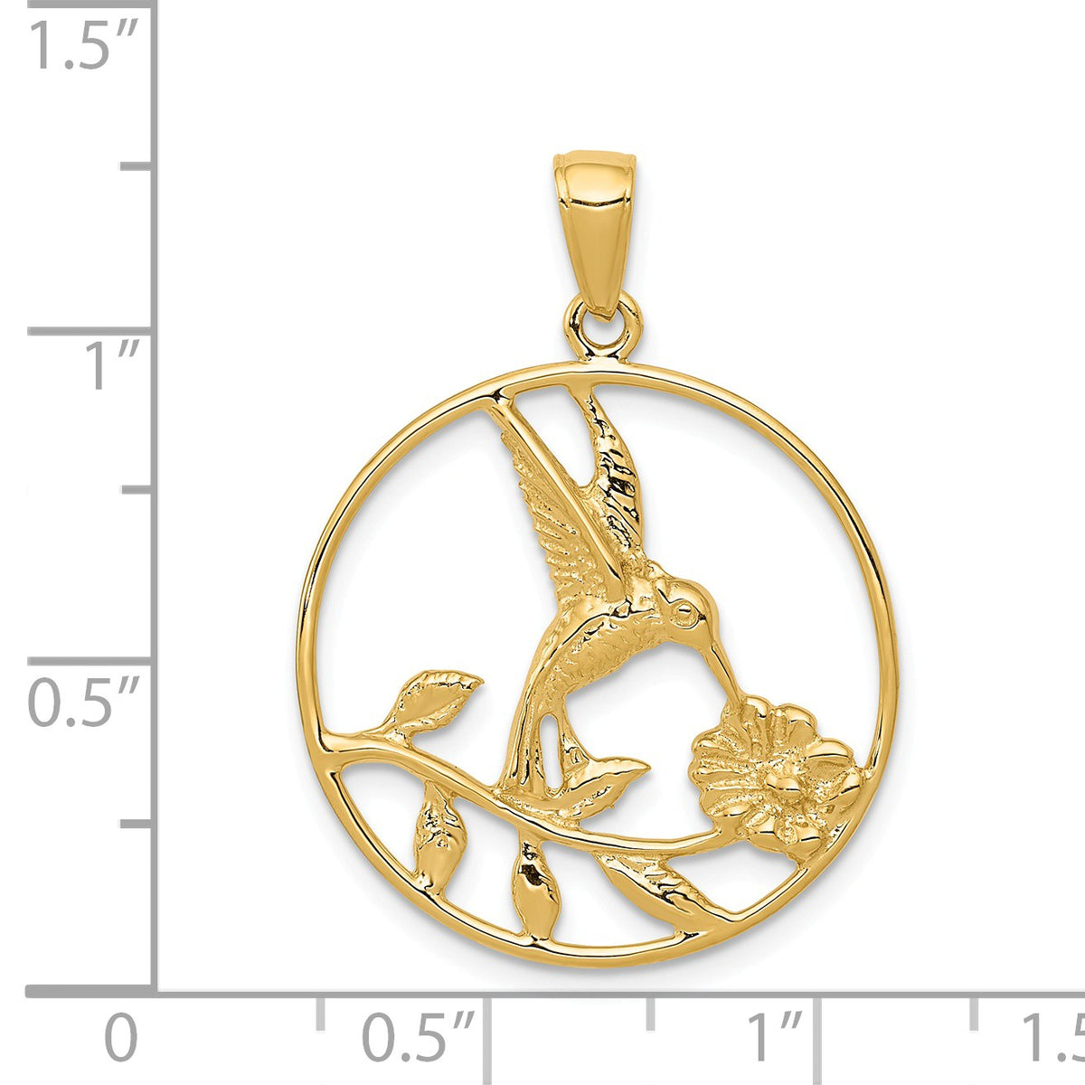 Alternate view of the 14k Yellow Gold 24mm Round Hummingbird and Flower Pendant by The Black Bow Jewelry Co.