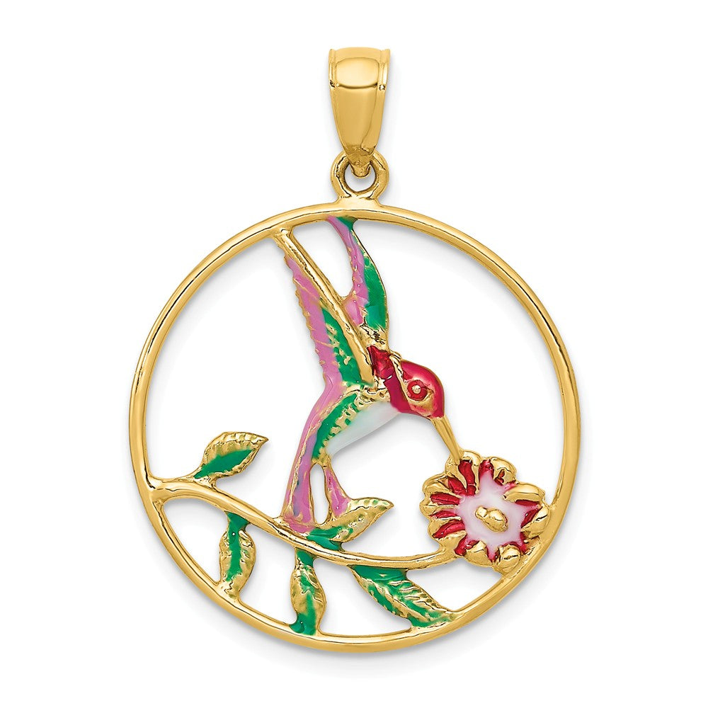 14k Yellow Gold &amp; Enamel 24mm Round Hummingbird &amp; Flower Pendant, Item P11647 by The Black Bow Jewelry Co.