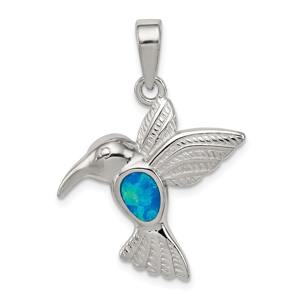 Sterling Silver and Created Blue Opal Inlay Hummingbird Pendant, Item P11648 by The Black Bow Jewelry Co.