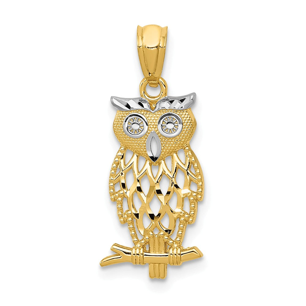 14k Yellow Gold and White Rhodium Two Tone Owl Pendant, 9 x 24mm, Item P11652 by The Black Bow Jewelry Co.