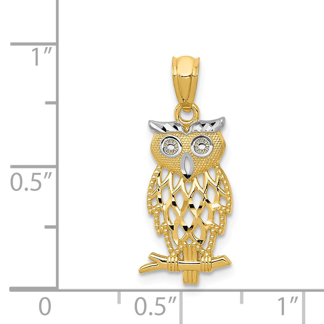 Alternate view of the 14k Yellow Gold and White Rhodium Two Tone Owl Pendant, 9 x 24mm by The Black Bow Jewelry Co.