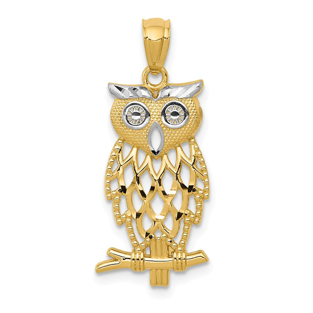 14k Yellow Gold and White Rhodium Two Tone Owl Pendant, 11 x 27mm, Item P11653 by The Black Bow Jewelry Co.