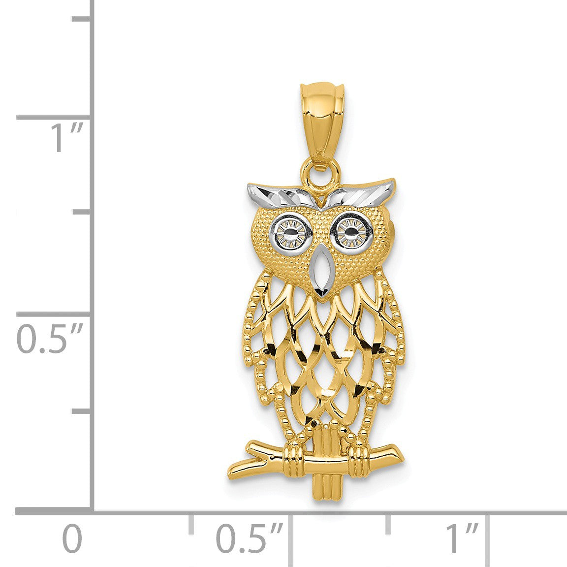 Alternate view of the 14k Yellow Gold and White Rhodium Two Tone Owl Pendant, 11 x 27mm by The Black Bow Jewelry Co.