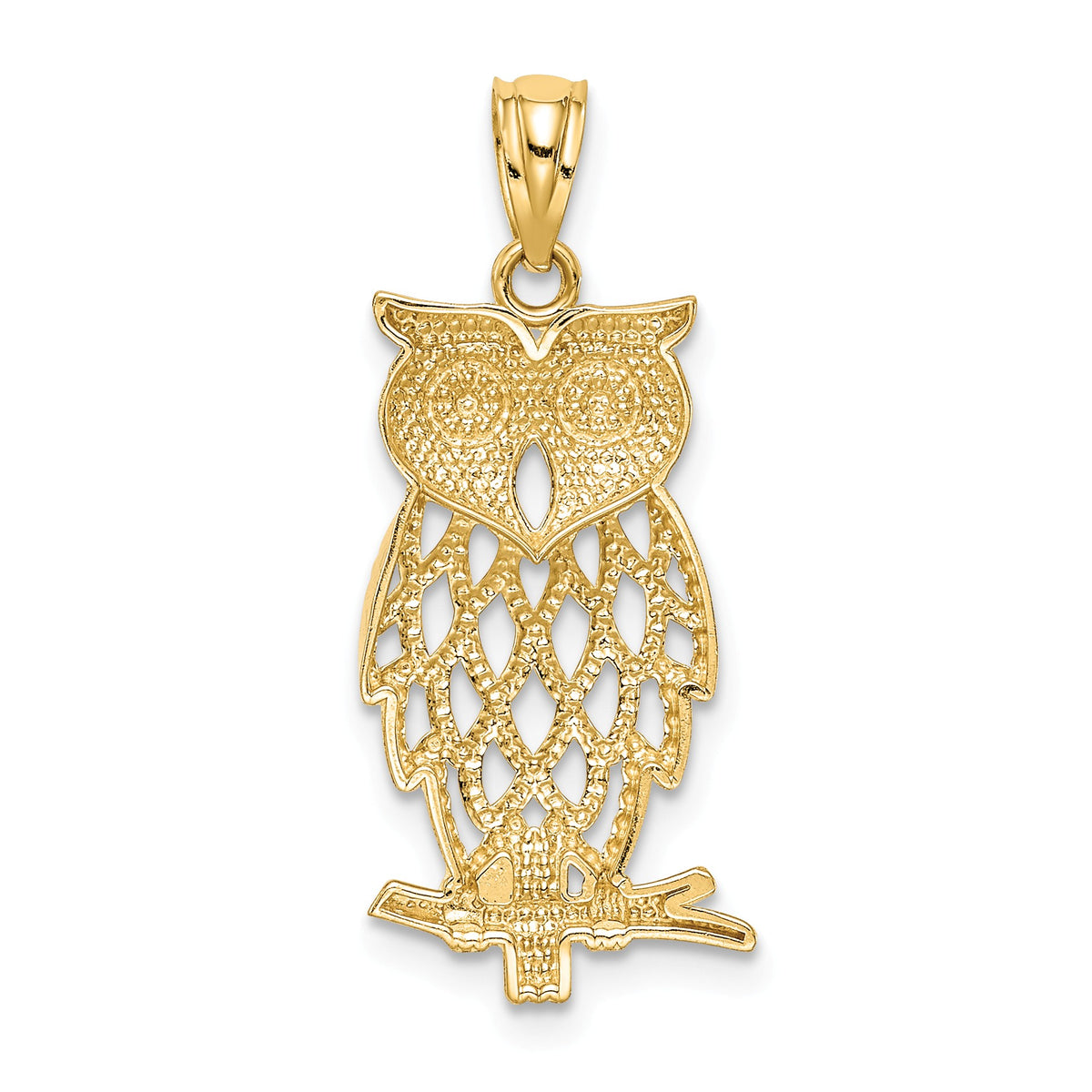 Alternate view of the 14k Yellow Gold and White Rhodium Two Tone Owl Pendant, 11 x 27mm by The Black Bow Jewelry Co.