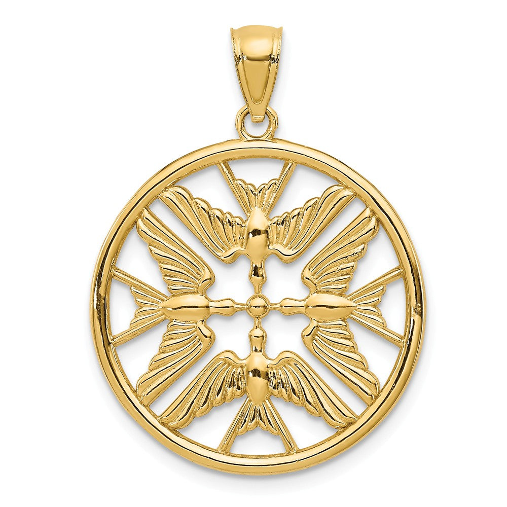14k Yellow Gold Doves Circle Pendant, 22mm, Item P11661 by The Black Bow Jewelry Co.