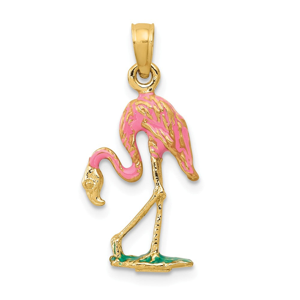 14k Yellow Gold and Enamel Small 3D Pink Flamingo Pendant, Item P11687 by The Black Bow Jewelry Co.