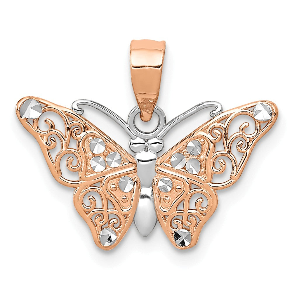 14k Rose Gold and White Rhodium Diamond Cut Butterfly Pendant, 18mm, Item P11706 by The Black Bow Jewelry Co.