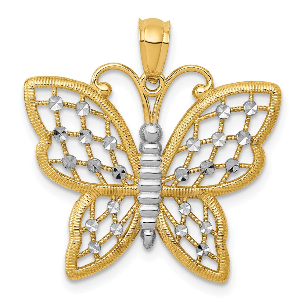14k Yellow Gold &amp; White Rhodium 23mm Diamond Cut Butterfly Pendant, Item P11715 by The Black Bow Jewelry Co.