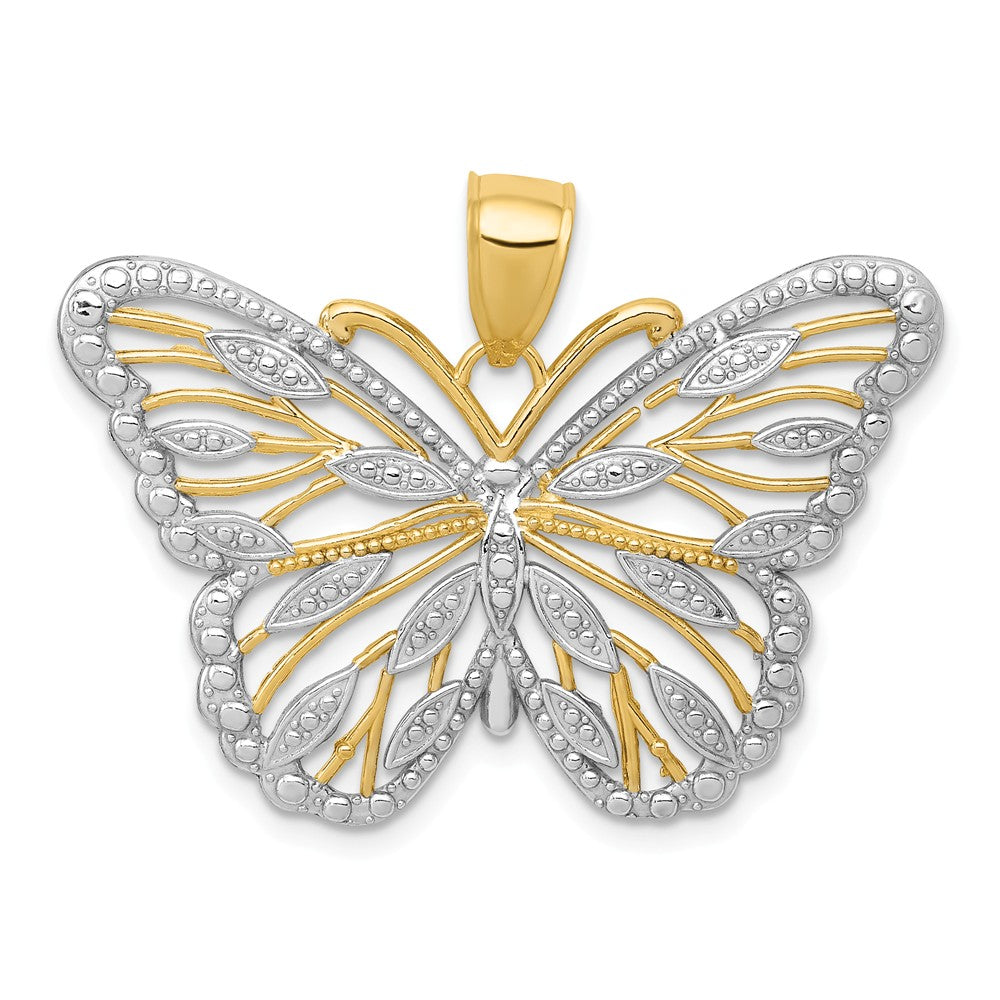 14k Yellow Gold and White Rhodium Ornate Butterfly Pendant, 34mm, Item P11717 by The Black Bow Jewelry Co.
