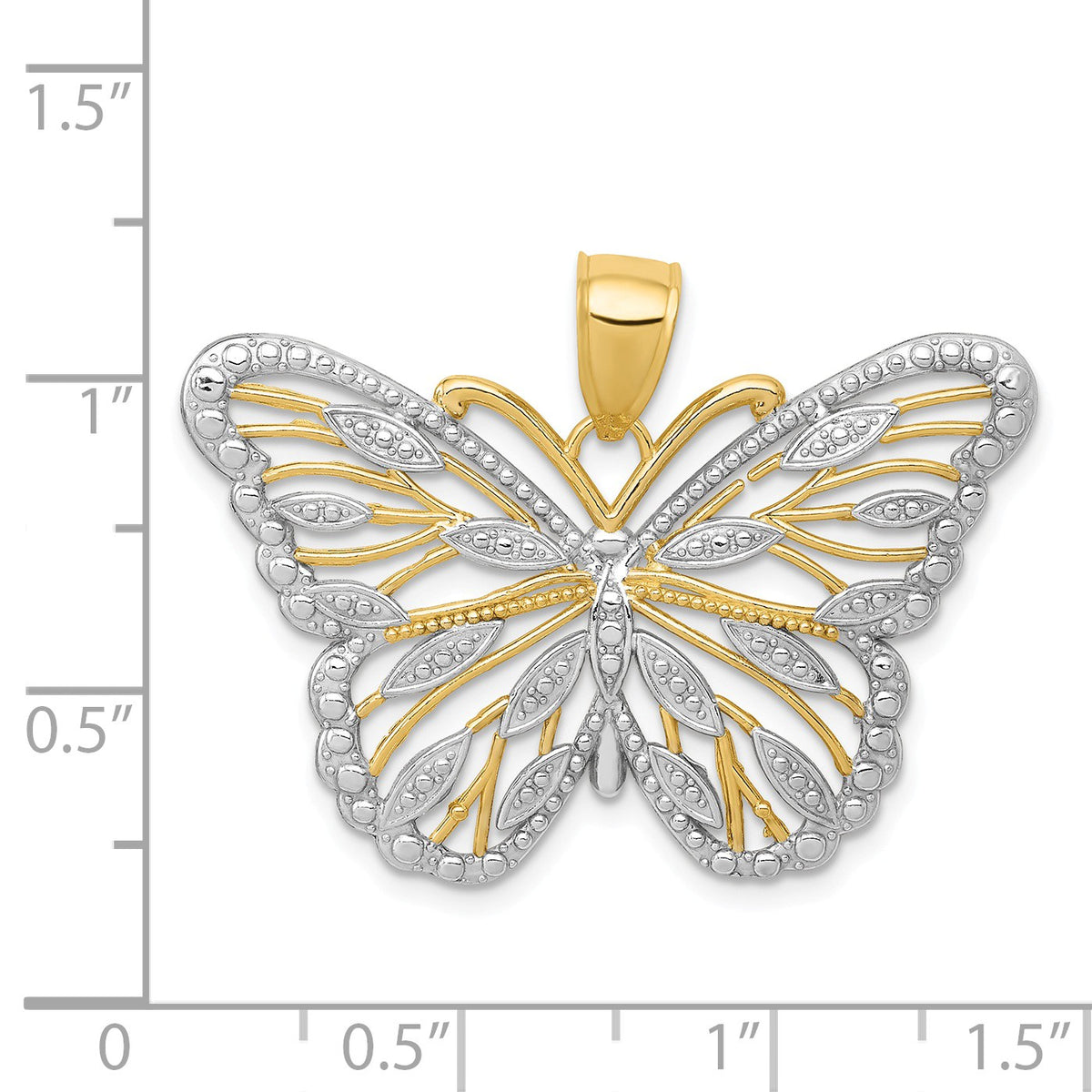 Alternate view of the 14k Yellow Gold and White Rhodium Ornate Butterfly Pendant, 34mm by The Black Bow Jewelry Co.