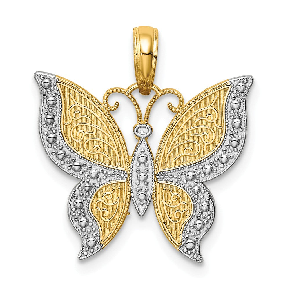 14k Yellow Gold and White Rhodium Fancy Butterfly Pendant, 19mm, Item P11727 by The Black Bow Jewelry Co.
