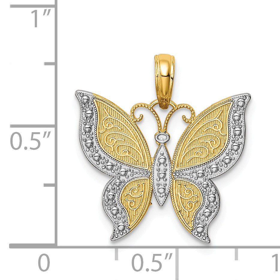 Alternate view of the 14k Yellow Gold and White Rhodium Fancy Butterfly Pendant, 19mm by The Black Bow Jewelry Co.