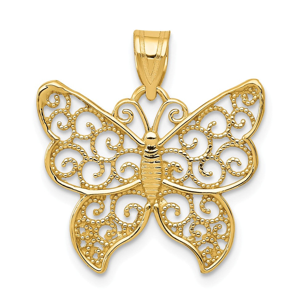 14k Yellow Gold Textured Filigree Butterfly Pendant, 20mm, Item P11729 by The Black Bow Jewelry Co.