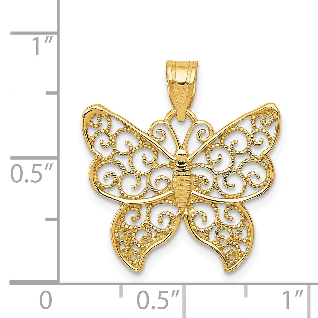 Alternate view of the 14k Yellow Gold Textured Filigree Butterfly Pendant, 20mm by The Black Bow Jewelry Co.