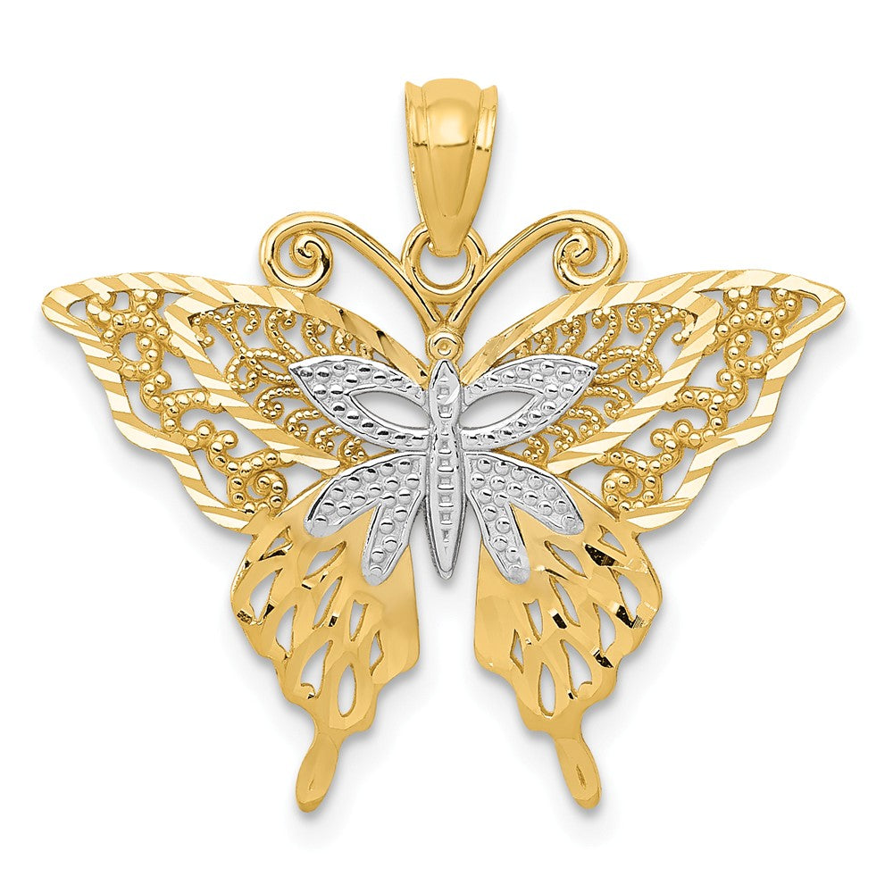 14k Yellow Gold and White Rhodium Fancy Butterfly Pendant, 25mm, Item P11731 by The Black Bow Jewelry Co.