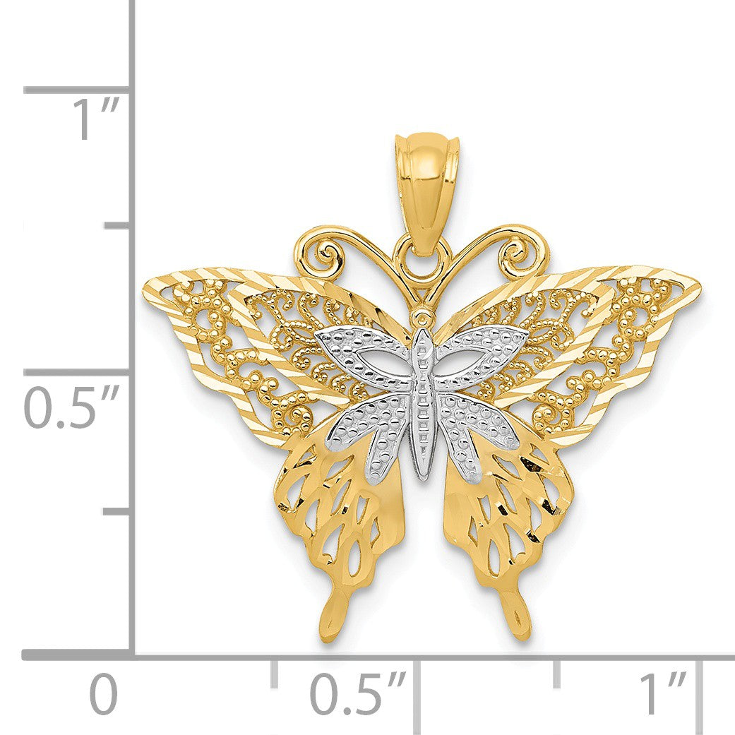Alternate view of the 14k Yellow Gold and White Rhodium Fancy Butterfly Pendant, 25mm by The Black Bow Jewelry Co.