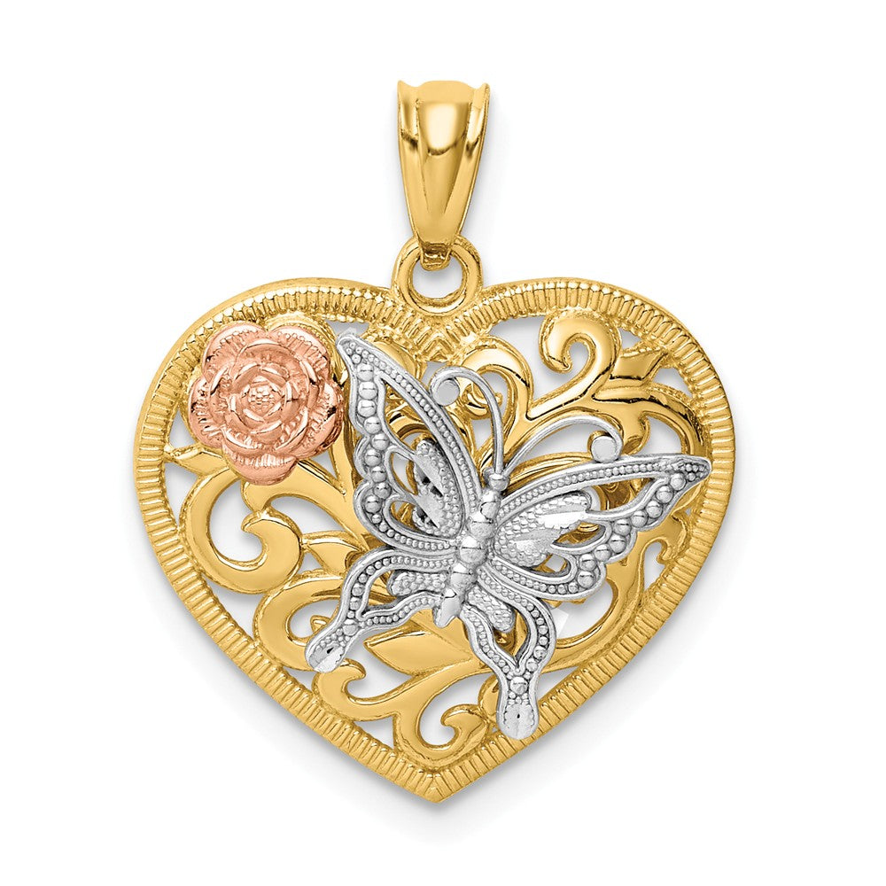 14k Yellow &amp; Rose Gold with White Rhodium 19mm Heart Butterfly Pendant, Item P11733 by The Black Bow Jewelry Co.