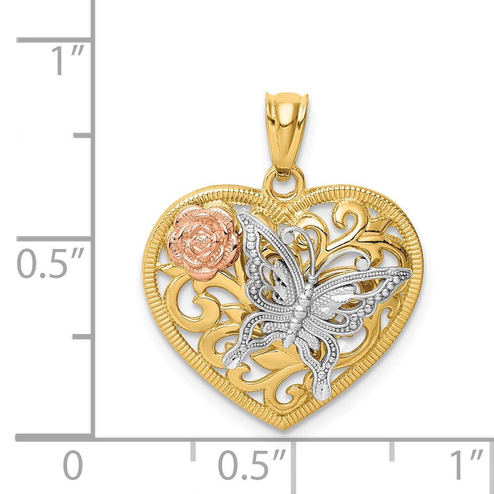 Alternate view of the 14k Yellow &amp; Rose Gold with White Rhodium 19mm Heart Butterfly Pendant by The Black Bow Jewelry Co.