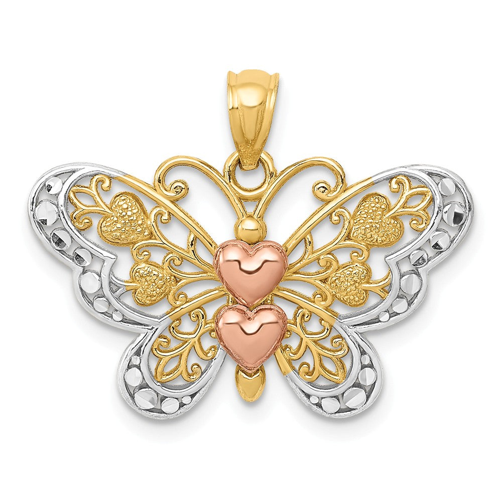 14k Yellow &amp; Rose Gold with White Rhodium 25mm Heart Butterfly Pendant, Item P11742 by The Black Bow Jewelry Co.