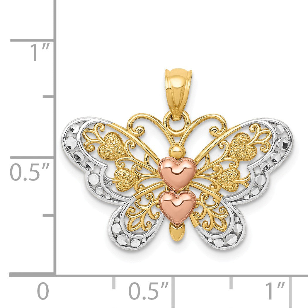 Alternate view of the 14k Yellow &amp; Rose Gold with White Rhodium 25mm Heart Butterfly Pendant by The Black Bow Jewelry Co.