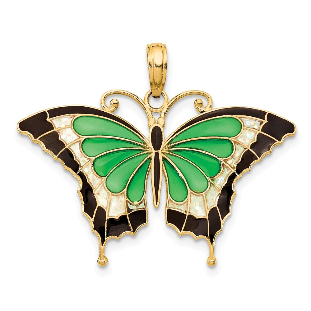 14k Yellow Gold &amp; Green Translucent Acrylic Butterfly Pendant, 30mm, Item P11748 by The Black Bow Jewelry Co.