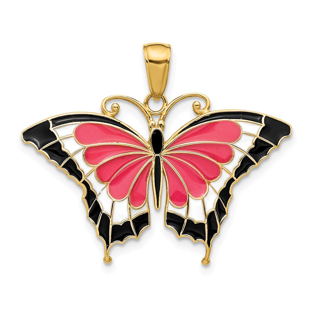 14k Yellow Gold &amp; Pink Translucent Acrylic Butterfly Pendant, 30mm, Item P11750 by The Black Bow Jewelry Co.