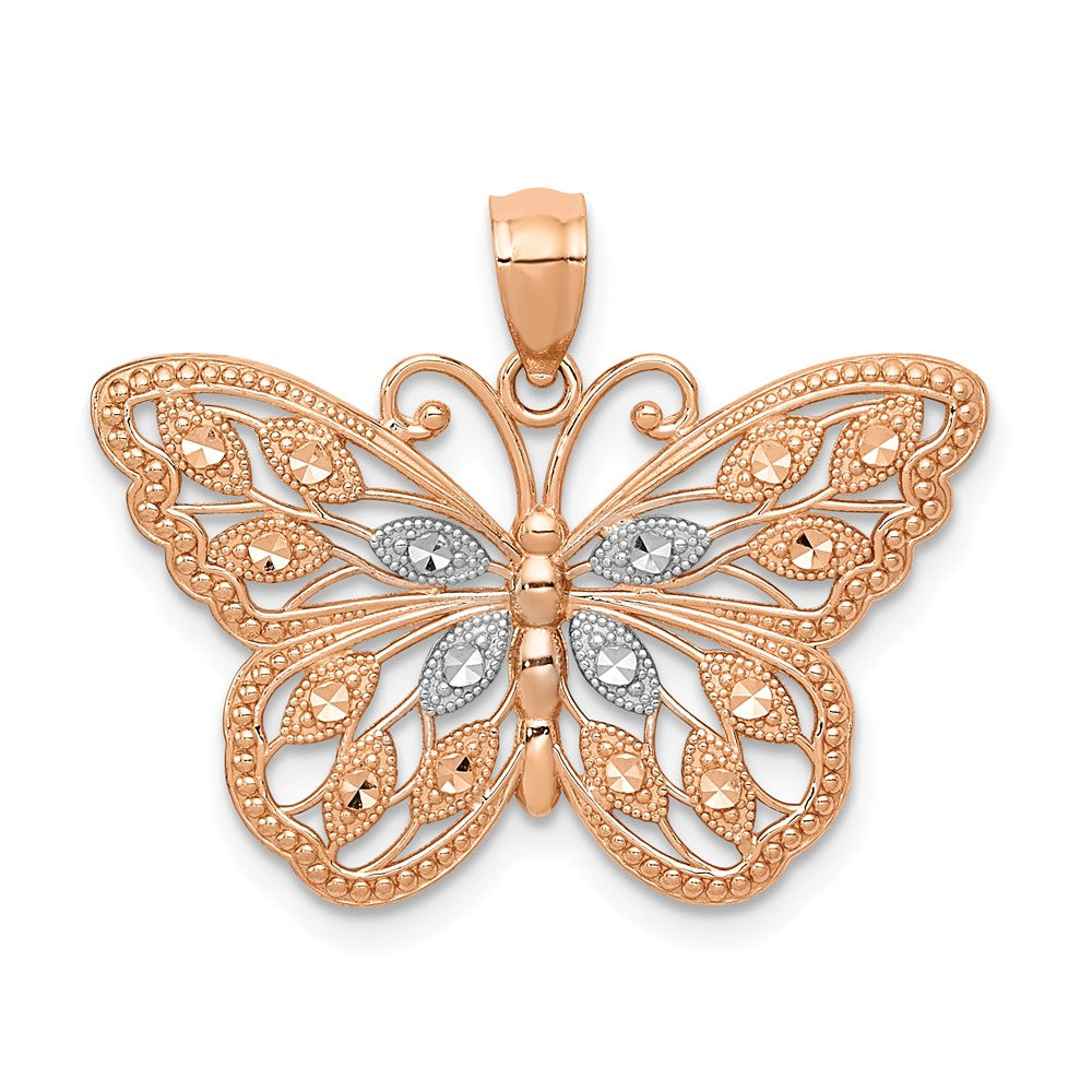 14k Rose Gold and White Rhodium Textured Butterfly Pendant, 26mm, Item P11763 by The Black Bow Jewelry Co.