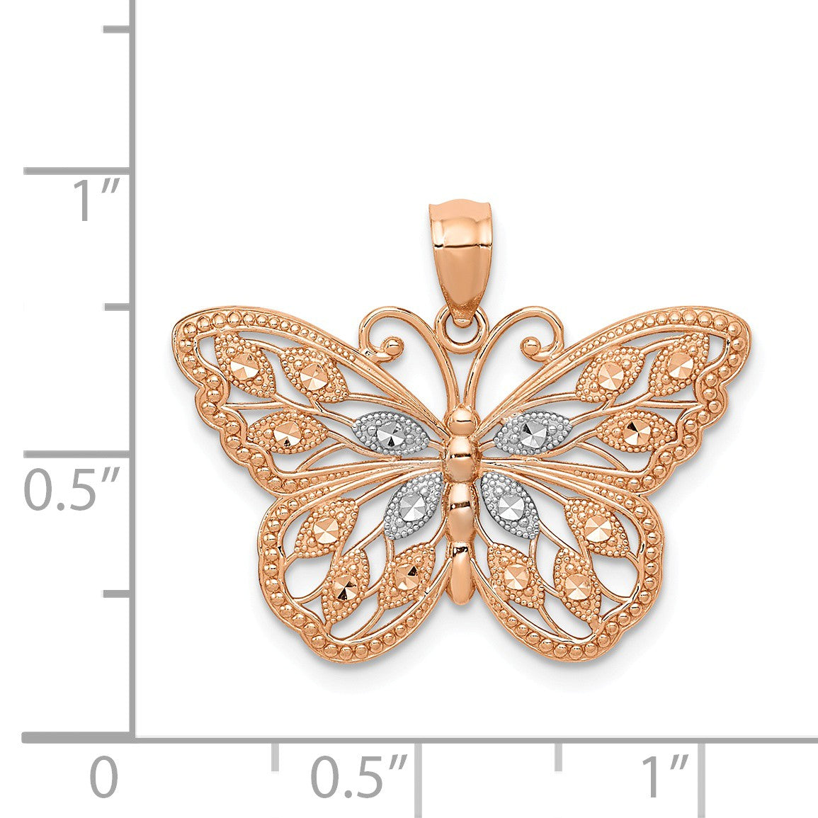 Alternate view of the 14k Rose Gold and White Rhodium Textured Butterfly Pendant, 26mm by The Black Bow Jewelry Co.