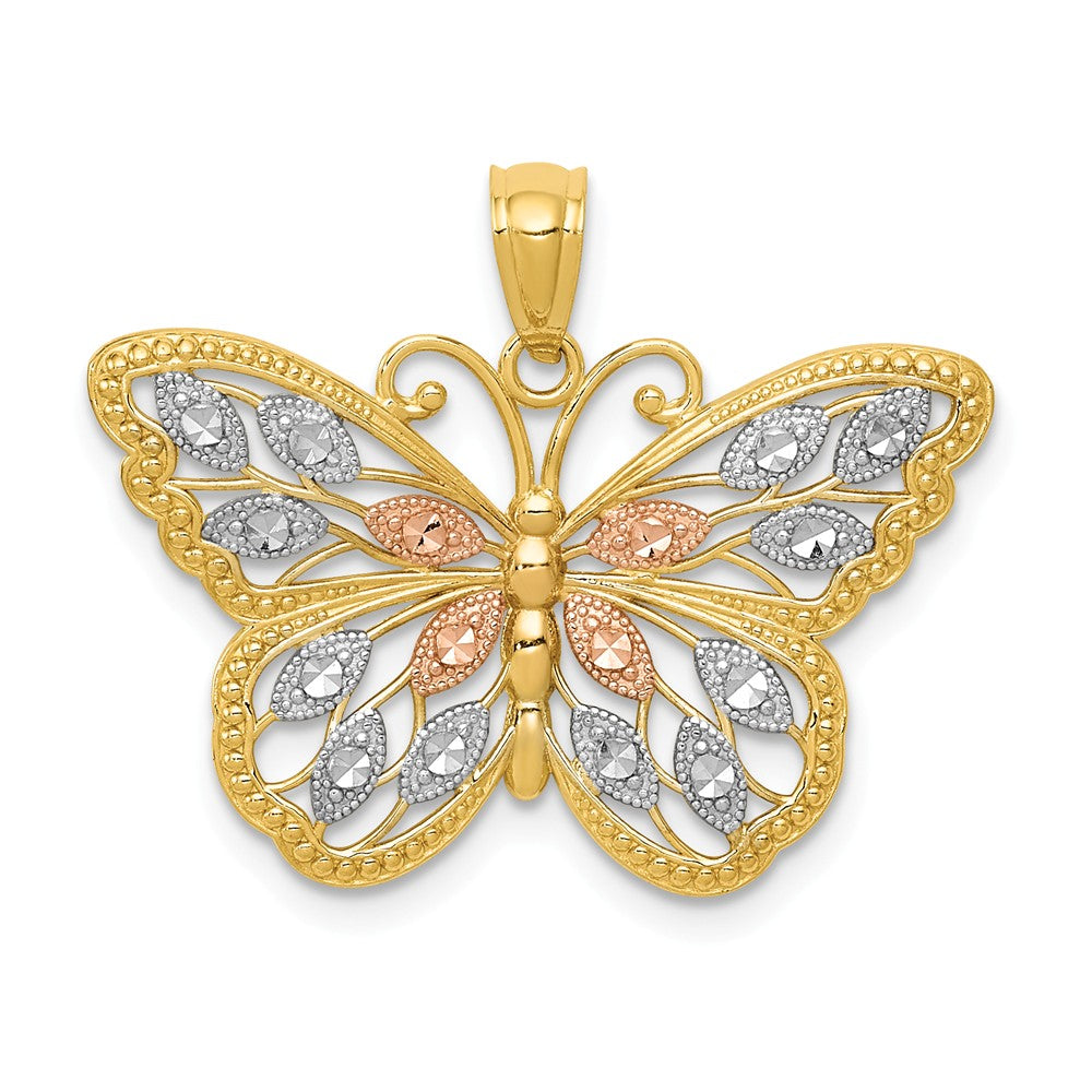 14k Yellow Gold with White &amp; Rose Rhodium 26mm Butterfly Pendant, Item P11764 by The Black Bow Jewelry Co.