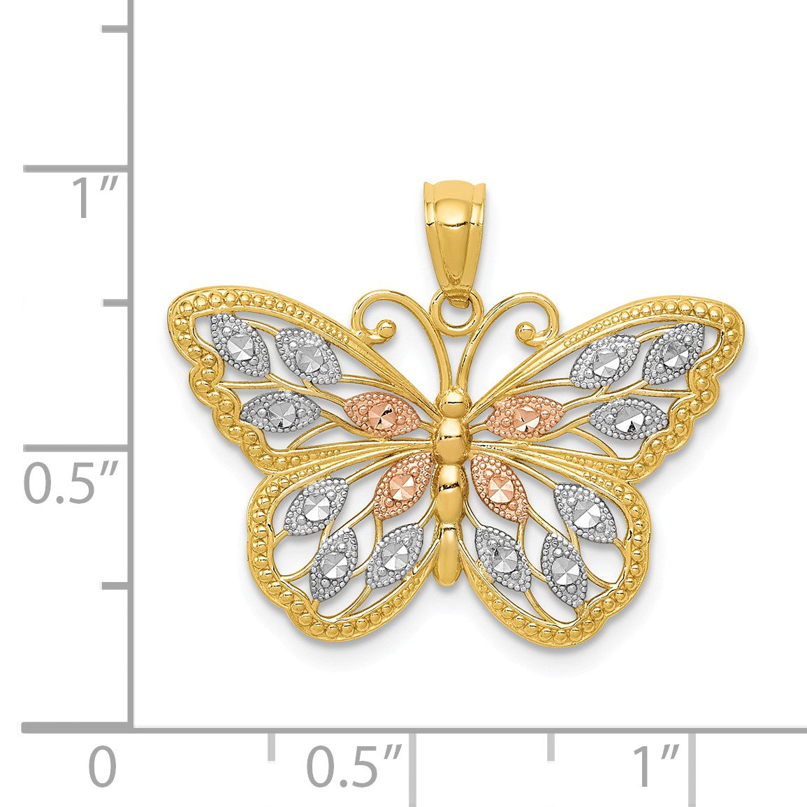 Alternate view of the 14k Yellow Gold with White &amp; Rose Rhodium 26mm Butterfly Pendant by The Black Bow Jewelry Co.