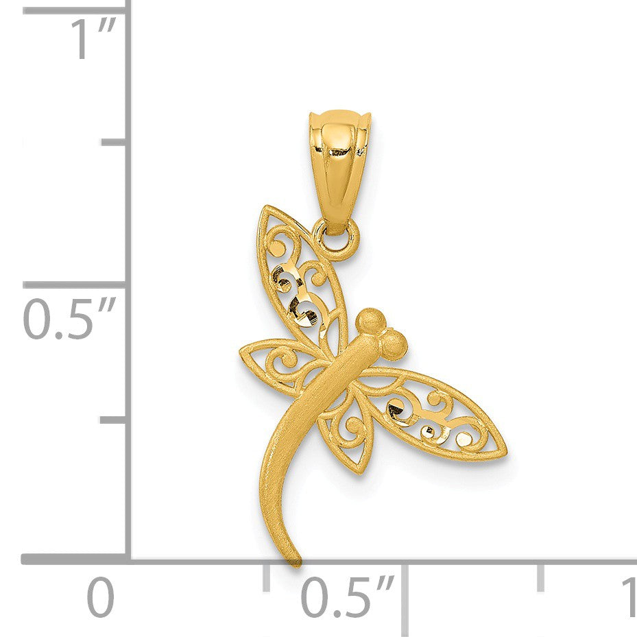 Alternate view of the 14k Yellow Gold Flat Filigree Dragonfly Pendant, 15mm by The Black Bow Jewelry Co.