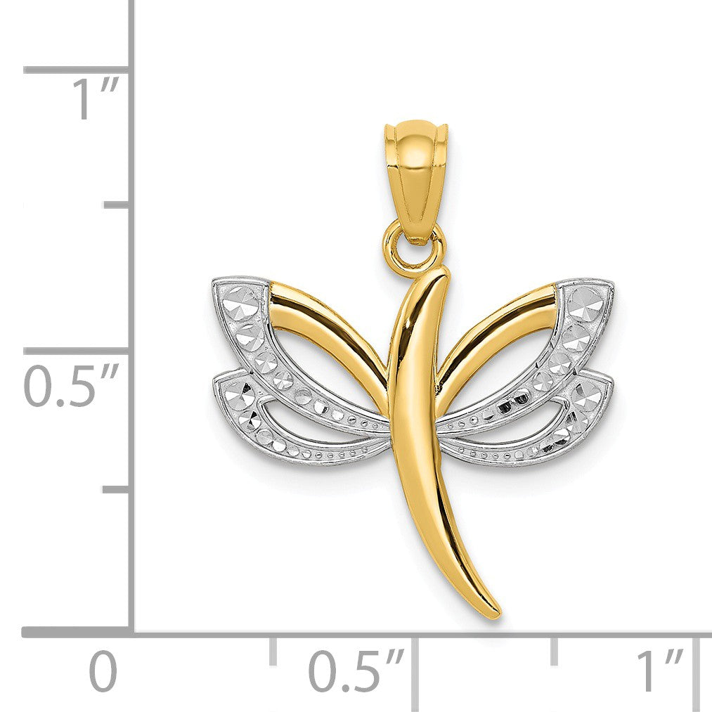 Alternate view of the 14k Yellow Gold and White Rhodium Two Tone Dragonfly Pendant, 18mm by The Black Bow Jewelry Co.
