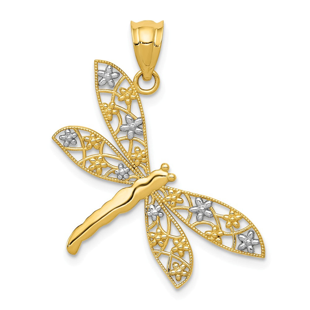 14k Yellow Gold &amp; White Rhodium Floral Winged Dragonfly Pendant, 28mm, Item P11772 by The Black Bow Jewelry Co.